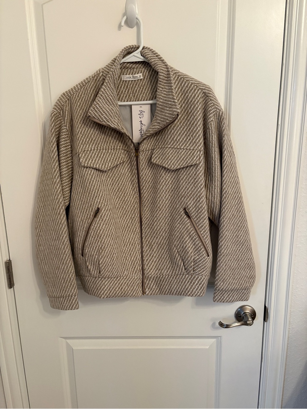 NWT 12th Tribe Oversized Herringbone Zip Jacket Taupe Cream Sz S